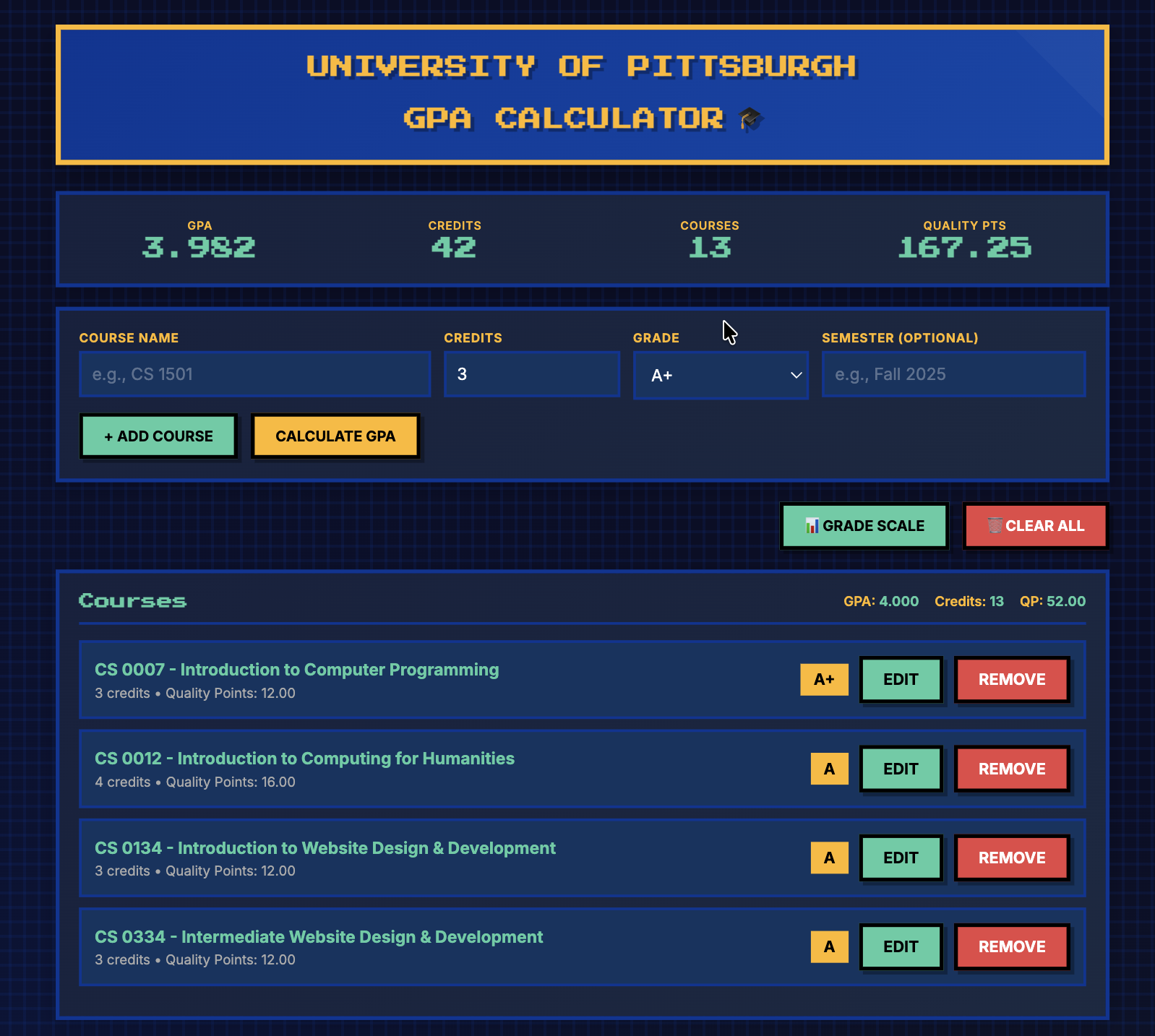 Pitt GPA Calculator